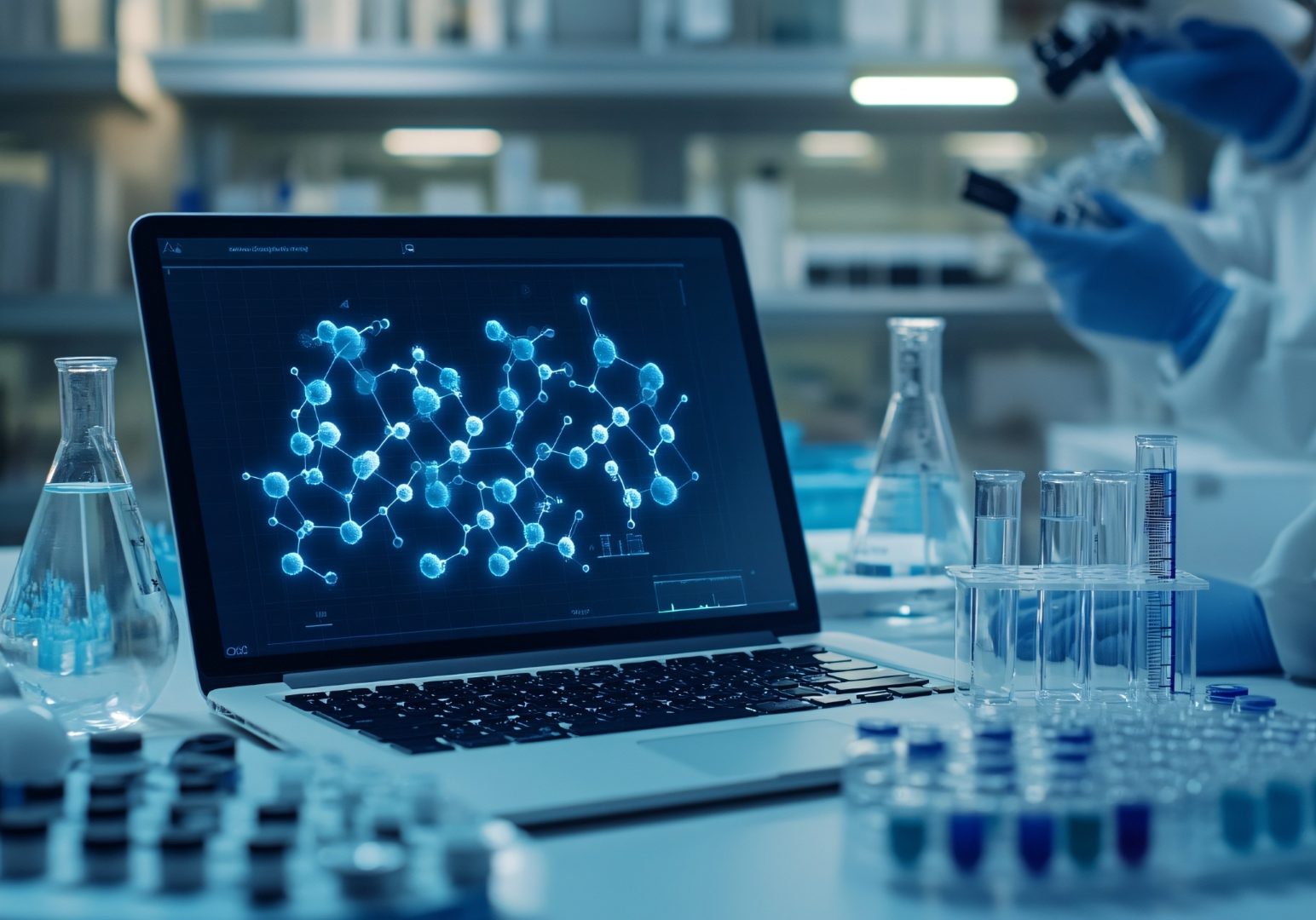Molecular modeling in drug discovery, with scientists analyzing on a laptop and lab samples in the foreground